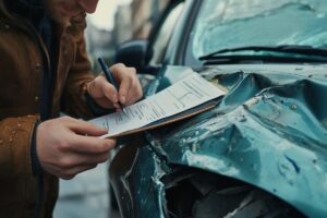 Man completes car insurance claim after accident, discusses coverage and deductible with adjuster